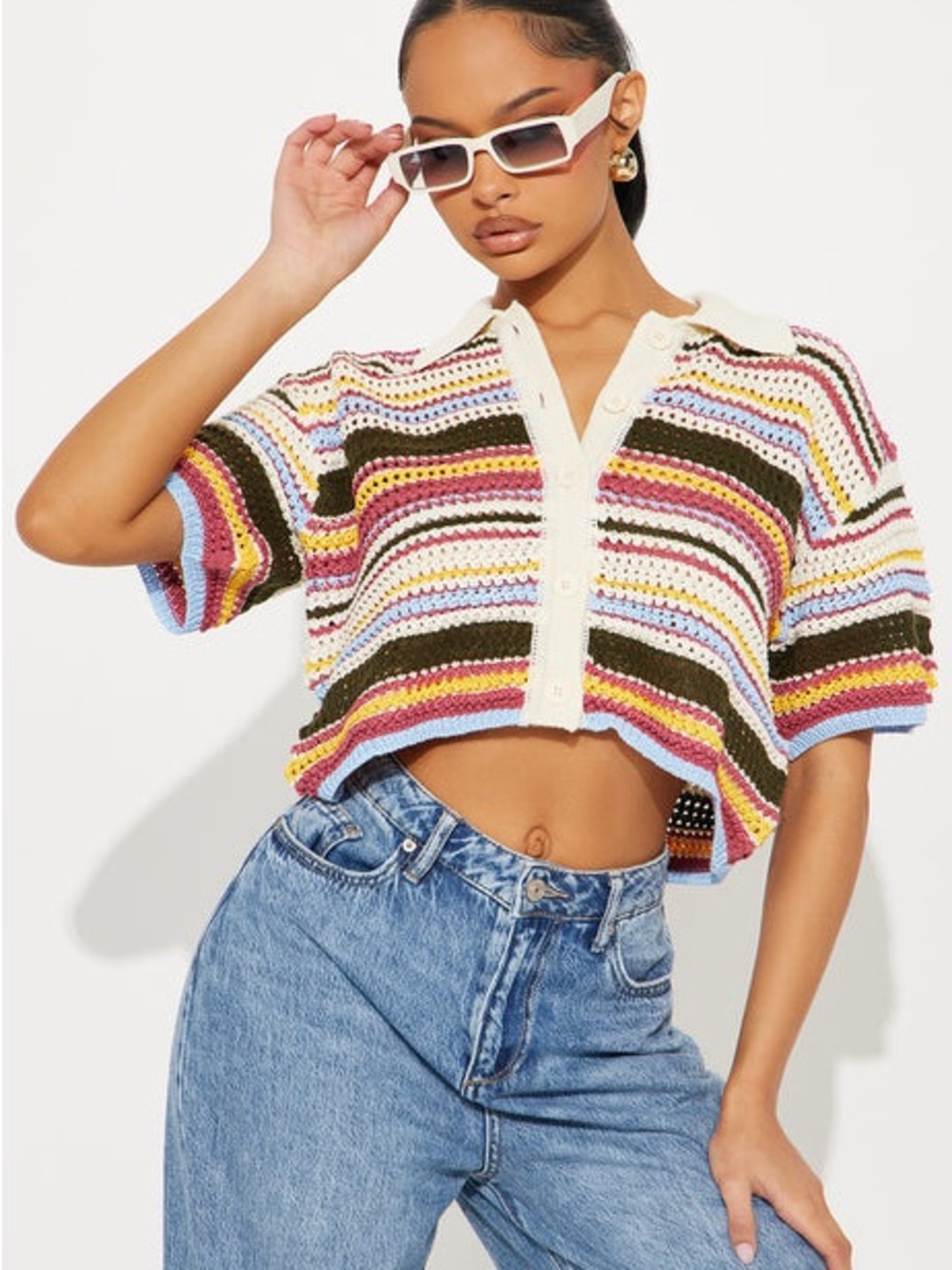 Coasting Through Striped Crochet Shirt - Multi Color- Size M